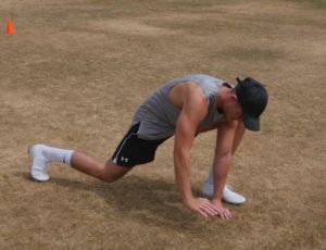 Jack performing the first of two poses in the greatest stretch in the world mobilisation exercise